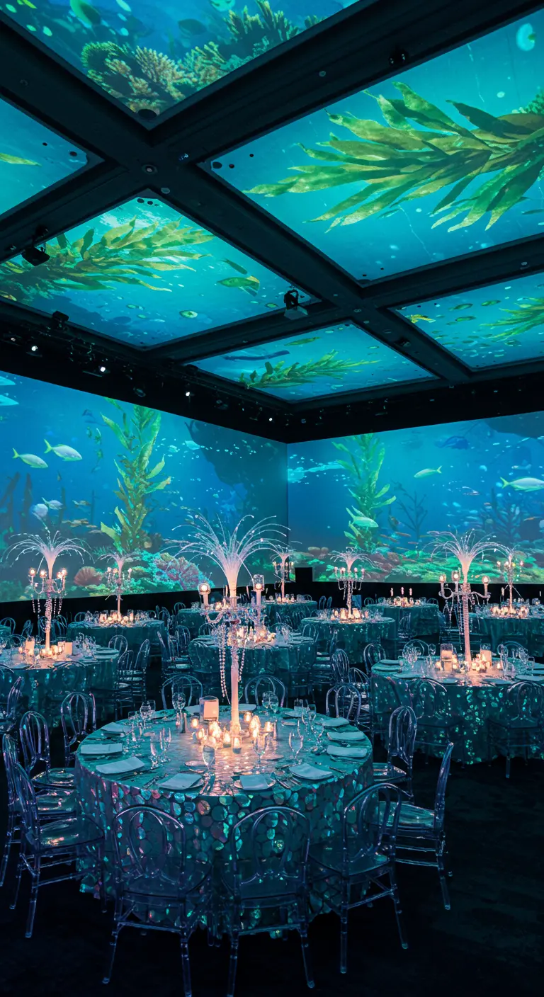 Feestzaal met onderwaterthema projecties, turquoise decoratie en transparante stoelen.