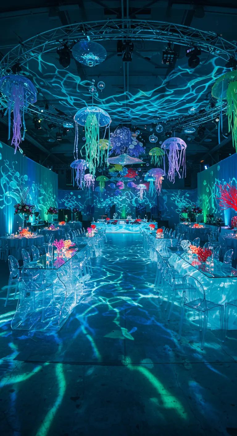 Feestzaal getransformeerd tot onderwaterwereld met blauwe projecties en hangende lichtgevende kwallen.