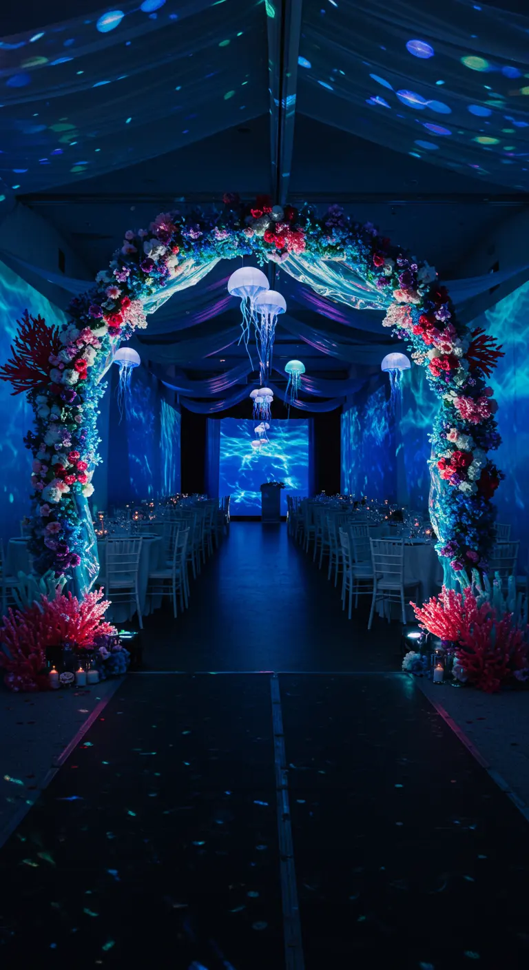 Onderwater thema entree met bloemenboog, blauwe projecties, zwevende kwallen en koraal.