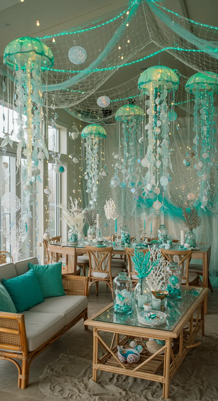 Ruimte versierd als onderwaterwereld met turquoise netten, kwaldecoraties en schelpen.