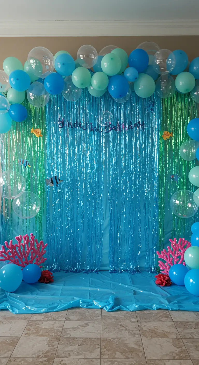 Onderwater thema backdrop met blauwe sliertengordijnen, ballonnen en koraaldecoraties.