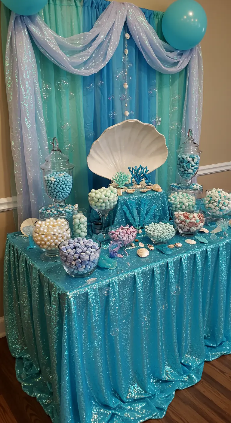 Zeemeermin thema desserttafel met blauw-groene tinten, schelpen en glitters.