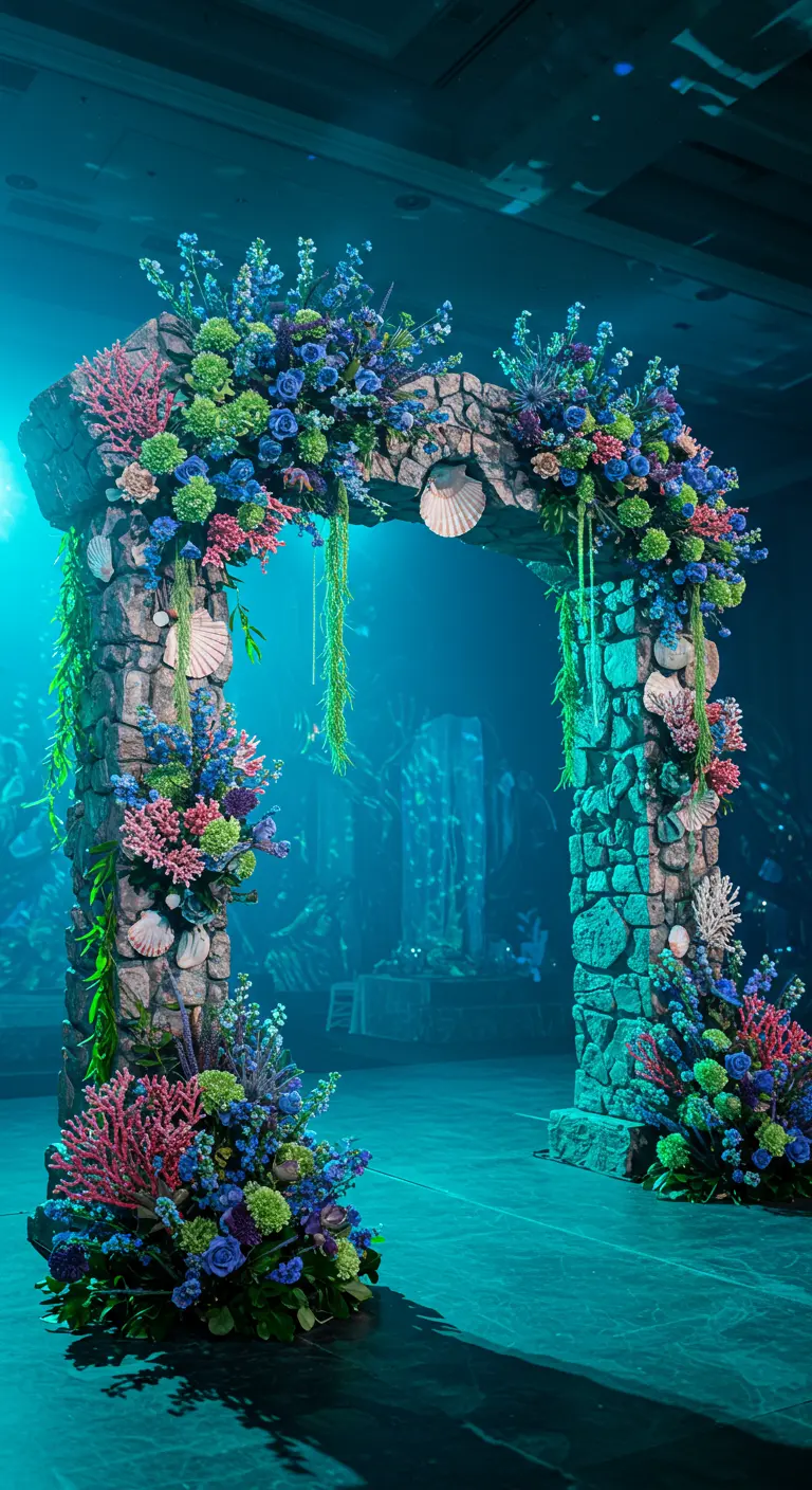 Stenen boog versierd met bloemen, koraal en schelpen voor een onderwaterthema.