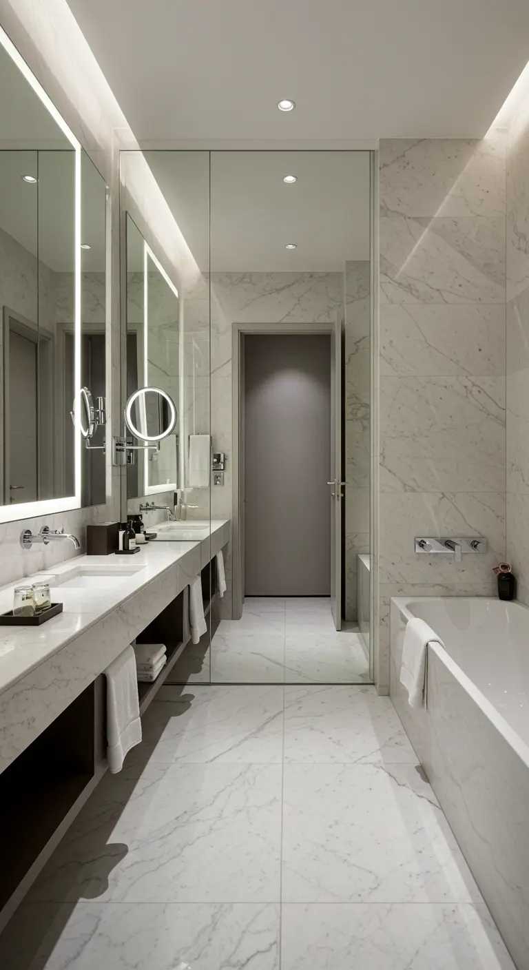 Gang van kamerhoge spiegels in luxe marmeren badkamer.