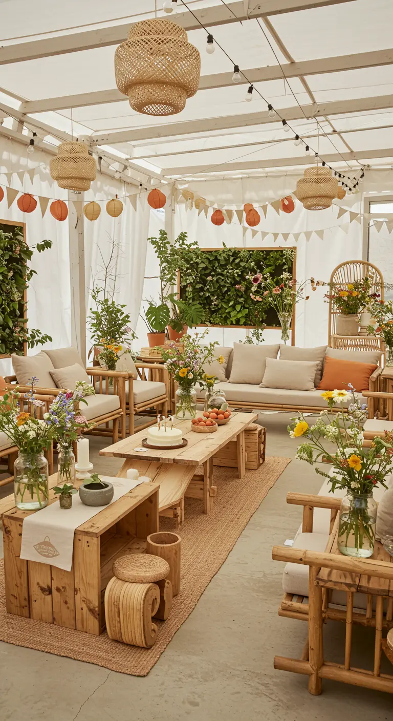 Lichte boho-stijl feestruimte met houten meubels en veel planten.