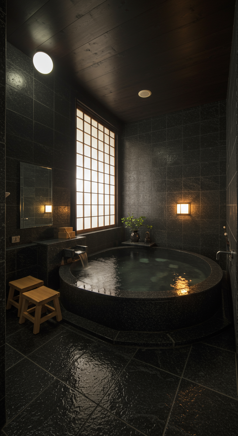 Rond, donkerstenen Japans bad (onsen-stijl) in een donker betegelde badkamer met Shoji-raam.