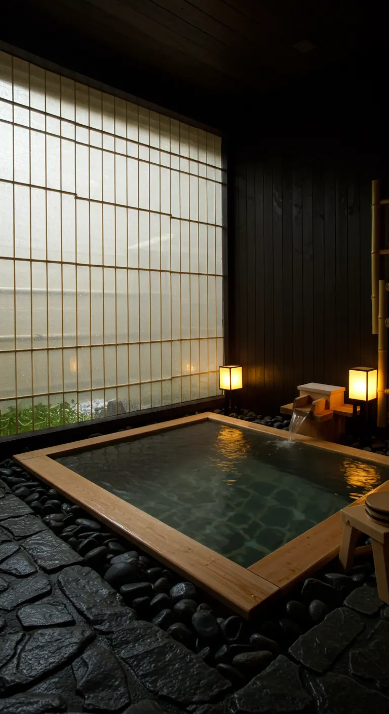 Japanse onsen-stijl badkamer met donkere flagstone vloer en houten badkuip.