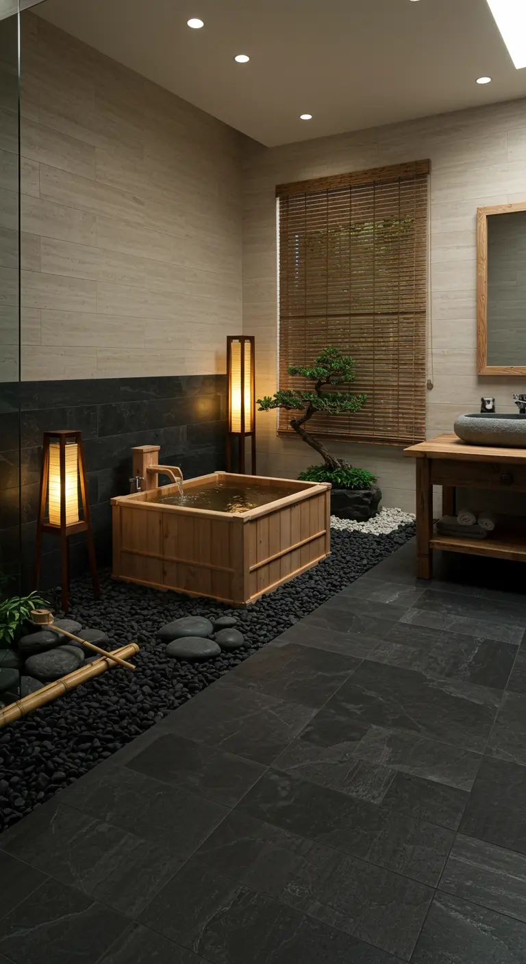 Japanse onsen-stijl badkamer met donkere tegels, houten bad en lantaarns.