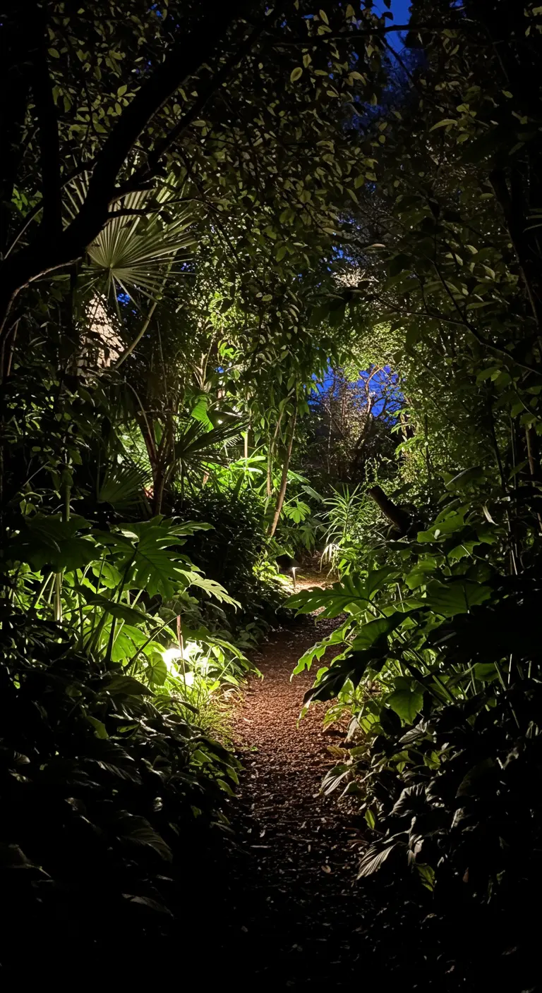 Mysterieus verlicht pad in een dichtbegroeide, jungle-achtige tuin 's nachts.
