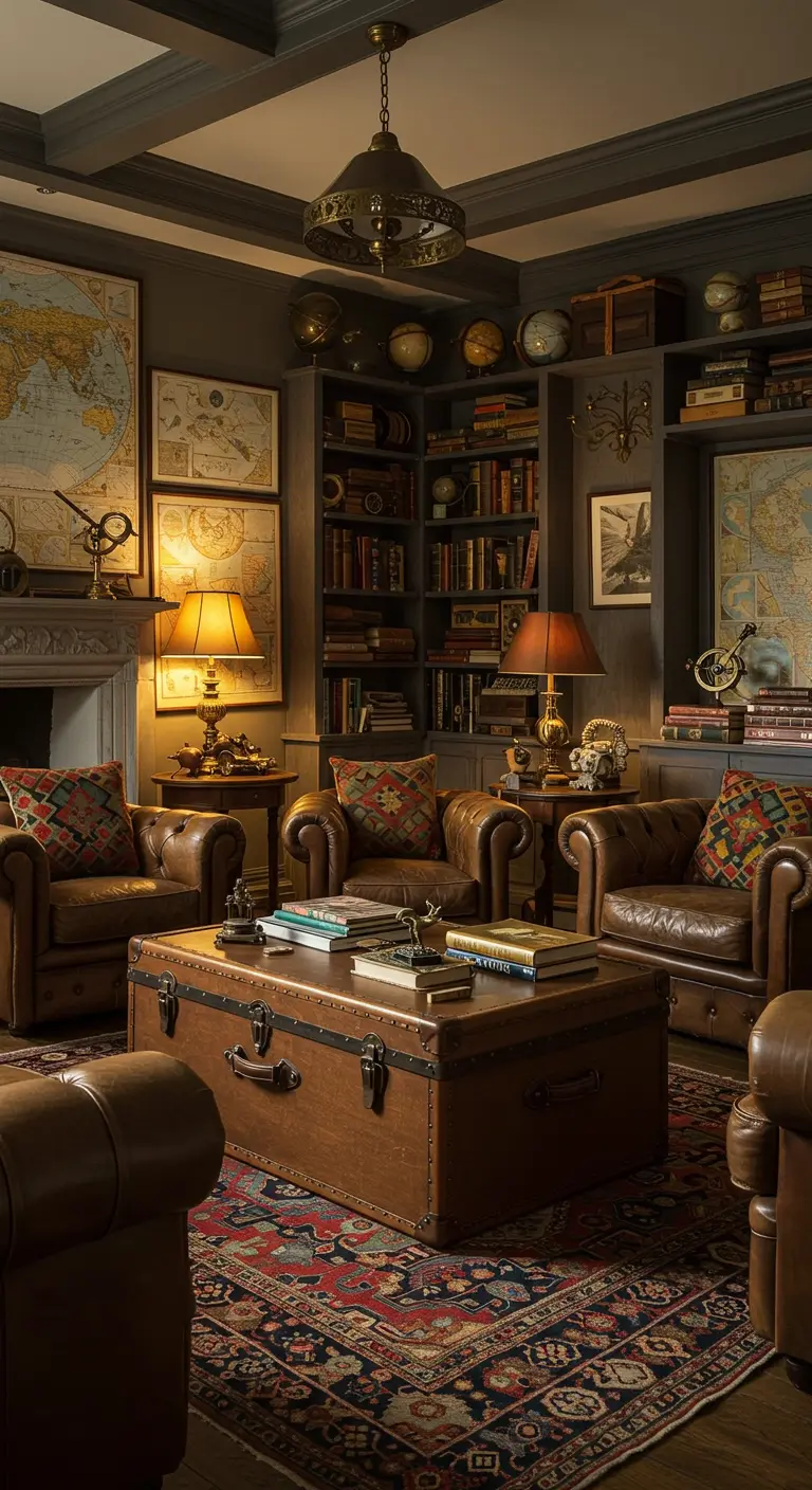 Herenkamer met leren fauteuils, grote wereldkaart, boekenkasten en een kist als salontafel.