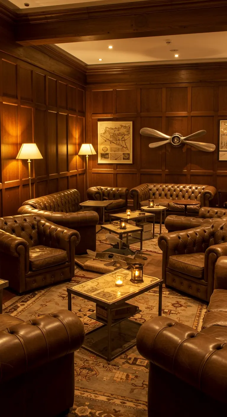 Lounge met Chesterfield banken, wereldkaarten, globe en vintage reisobjecten.