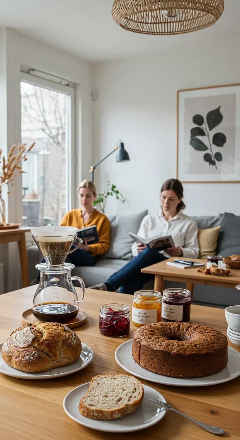 Vrouwen lezen in woonkamer met koffie, brood en cake op tafel.