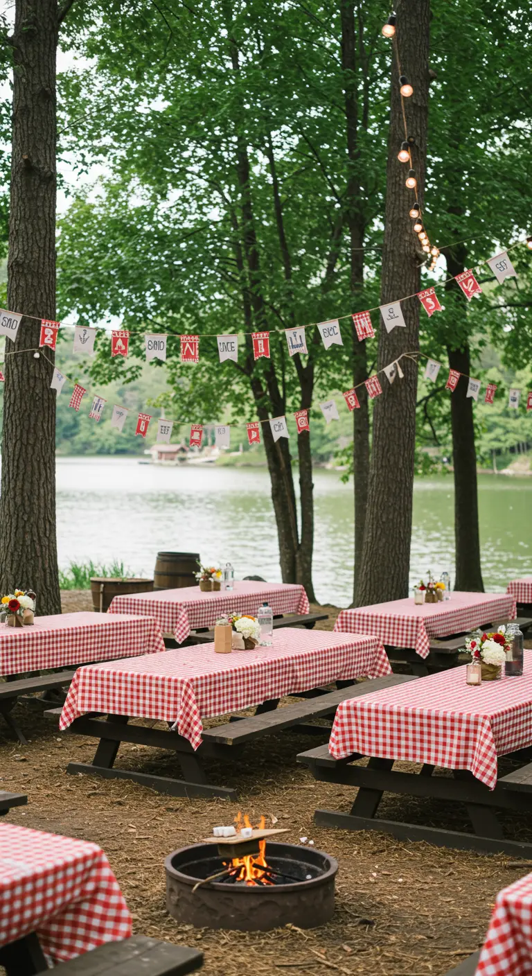 Picknick bruiloft bij het meer met rood-wit geruite tafels, bloemen en vuurkorf.