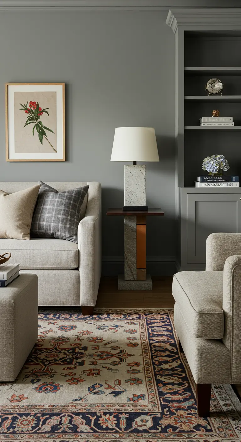 Grijze woonkamer met een beige bank, plaid kussen, en een tafellamp met een mogelijk leren detail op de voet.