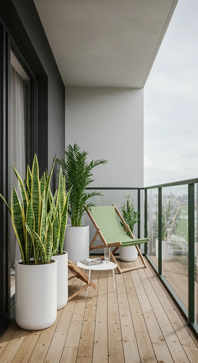 Modern balkon met Sansevieria planten in witte potten en een groene strandstoel.