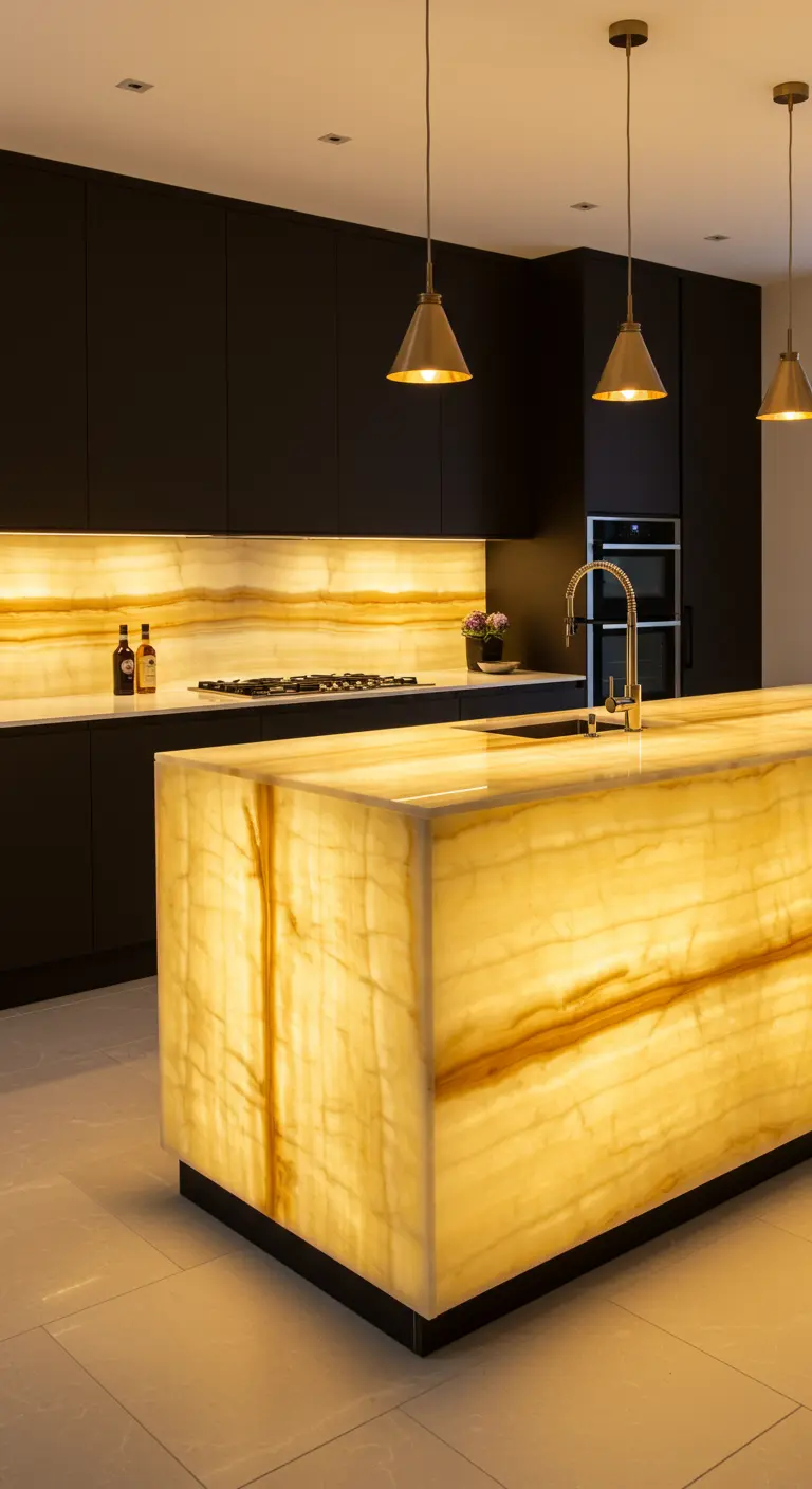 Donkere keuken met een spectaculair, van binnenuit verlicht geel onyx marmeren eiland en achterwand.