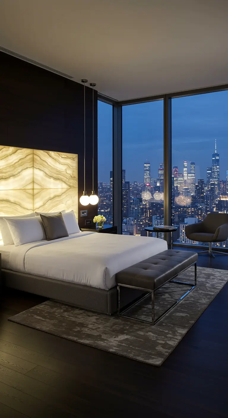 Verlicht hoofdbord van onyx-achtige panelen in een luxe slaapkamer met uitzicht op de stad.