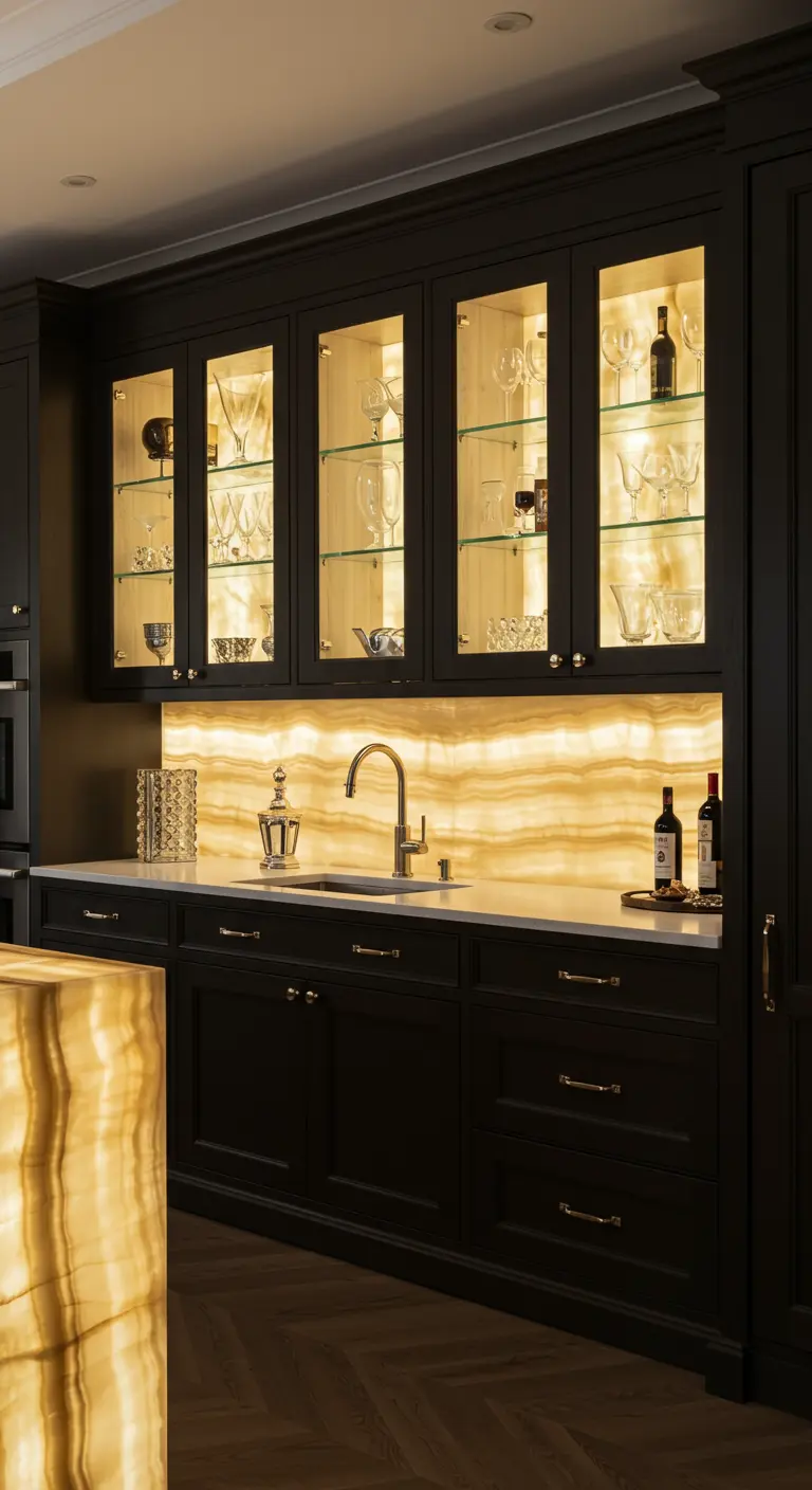 Extreem luxe zwarte keuken met verlichte glazen kasten en een oplichtende onyx achterwand.