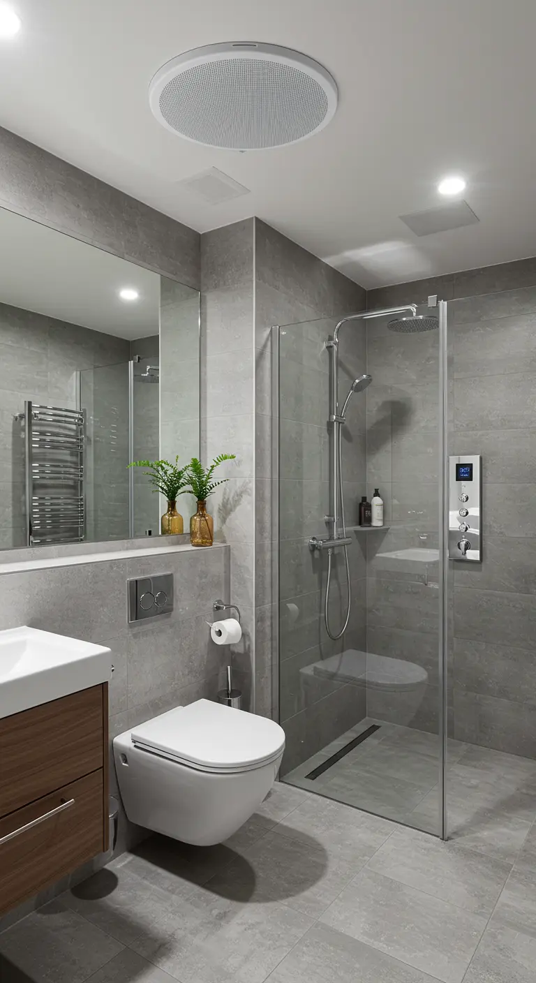 Moderne grijze badkamer met een ronde inbouwplafondspeaker.