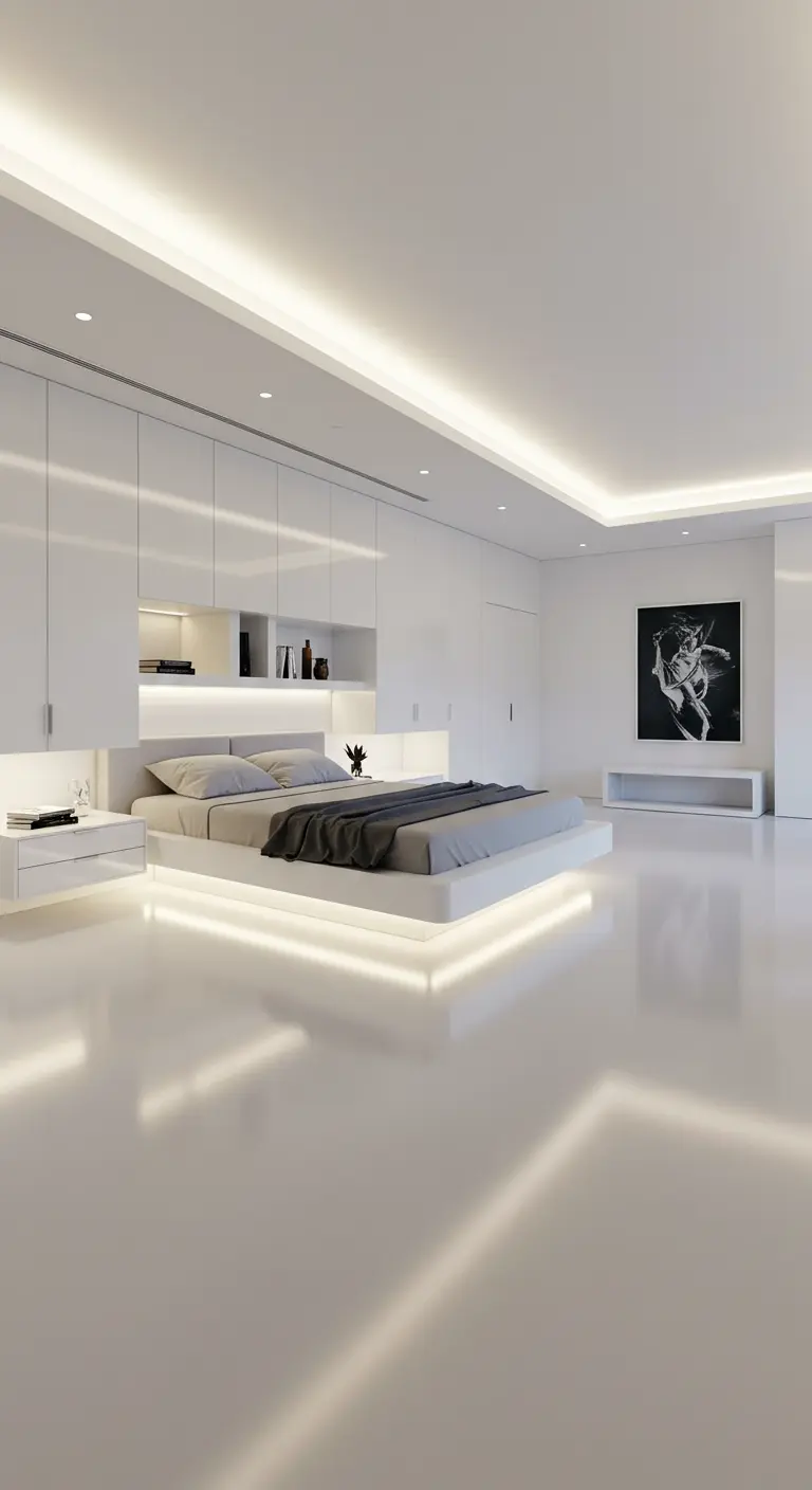 Witte, moderne slaapkamer met indirecte LED-verlichting rondom het plafond en bed.