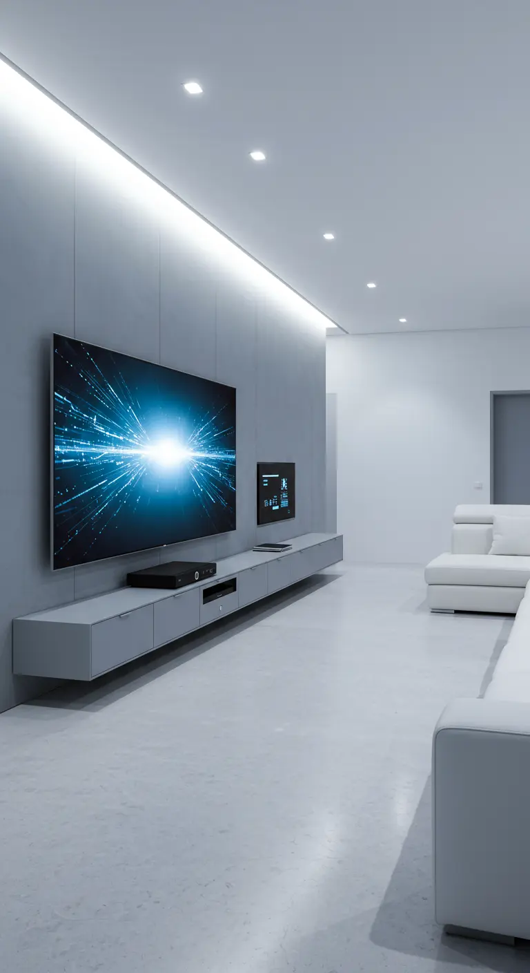 Moderne woonkamer met zwevende tv-meubel, verborgen verlichting en witte bank.
