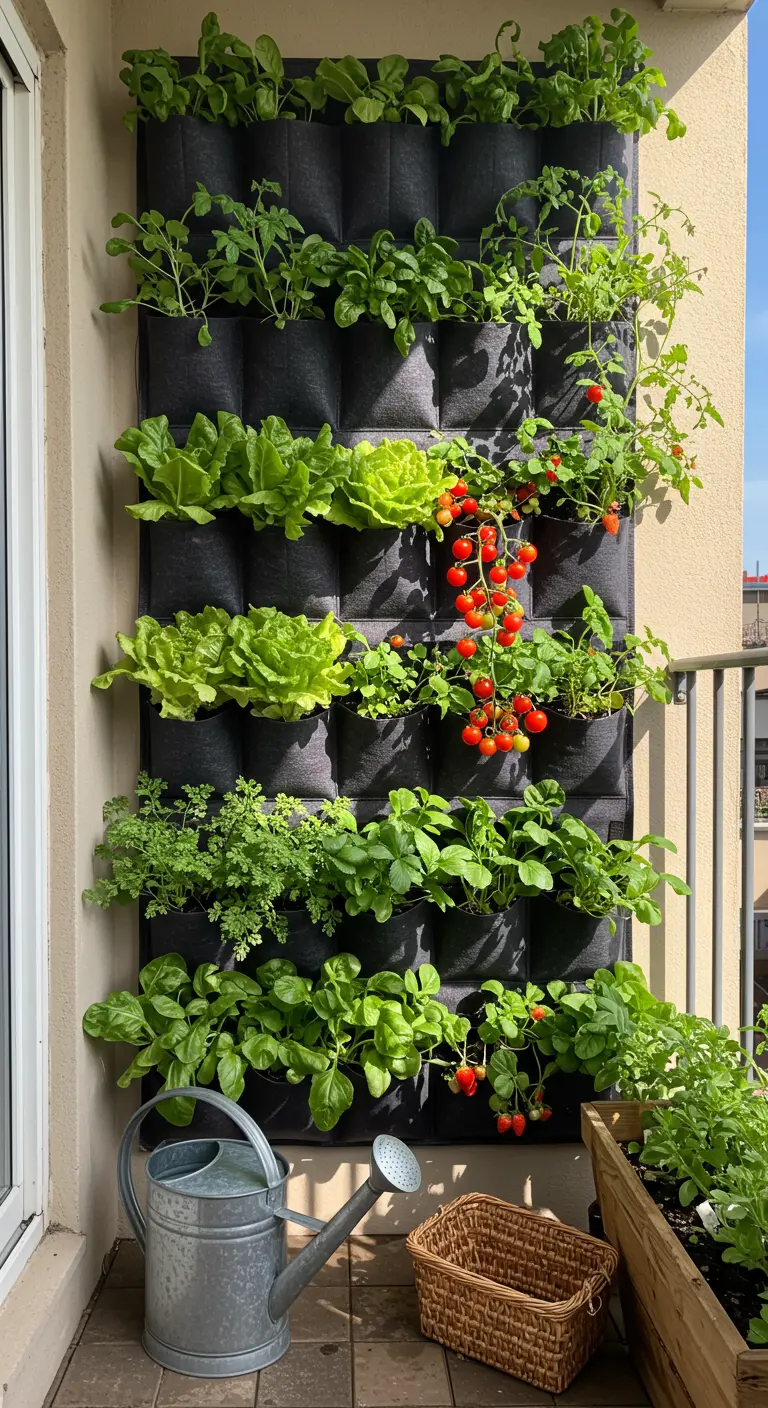 Verticale plantzakkenmuur vol met sla, tomaten en kruiden op een balkon.