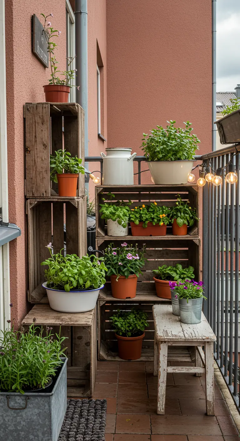 Gestapelde houten kratten met potplanten en een lichtsnoer op een balkon.