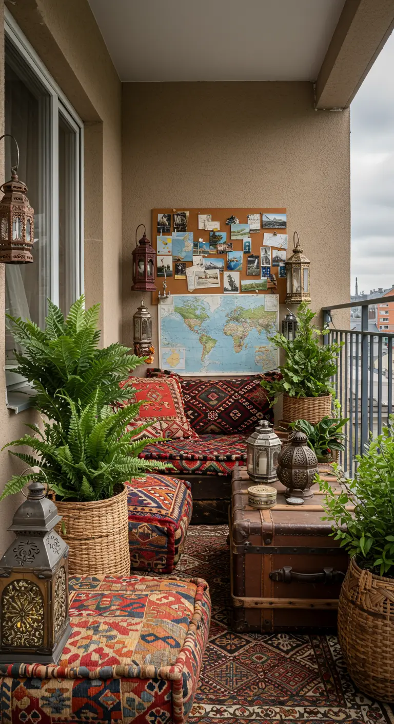 Balkon in Oosterse stijl met Kilim-print kussens, vintage koffers en messing lantaarns.
