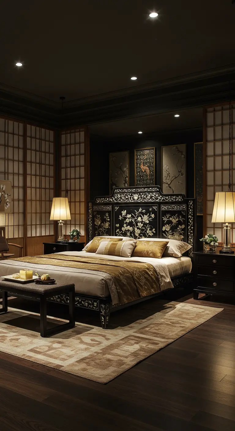 Donkerhouten bedframe in Chinoiserie stijl met gedetailleerd houtsnijwerk en goudaccenten.