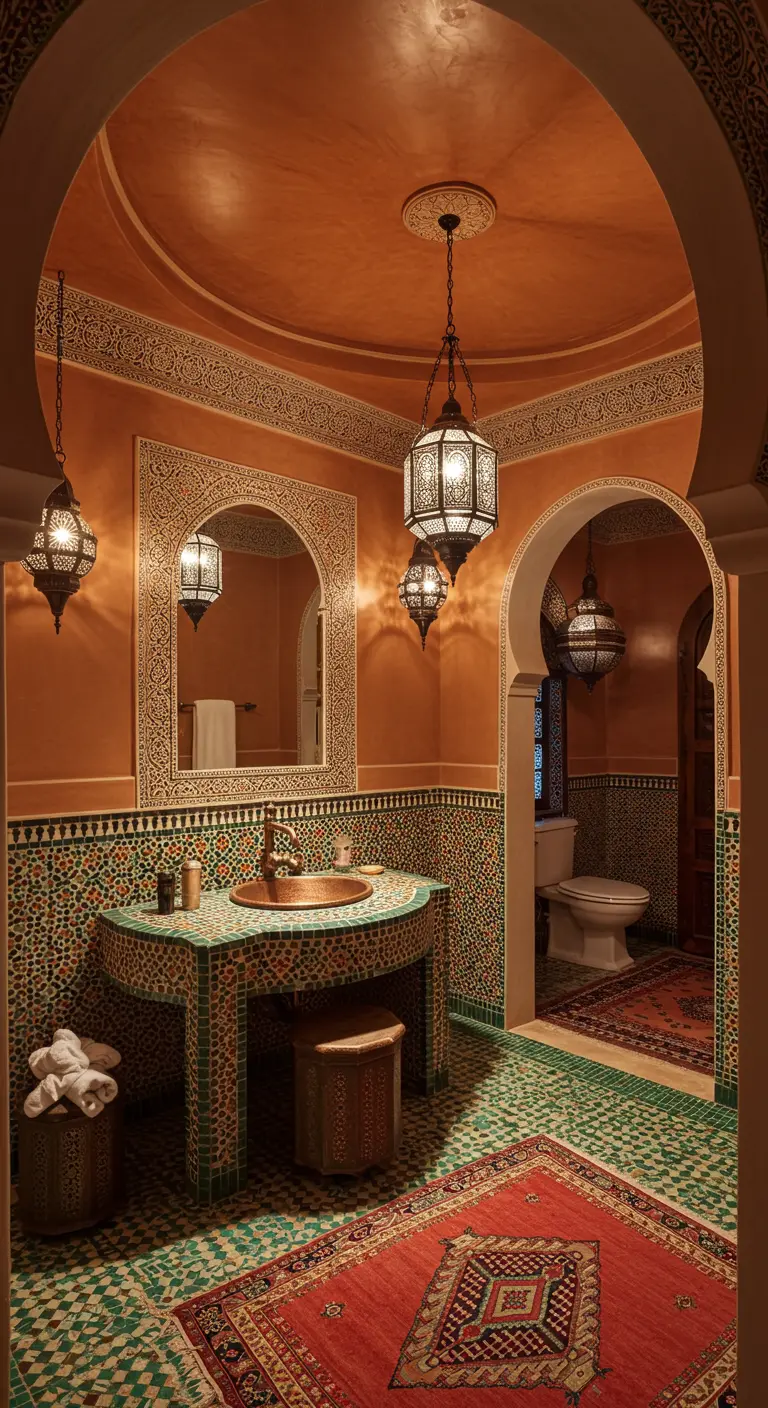 Marokkaanse badkamer met gewelfd oranje plafond en sierlijke lantaarns.