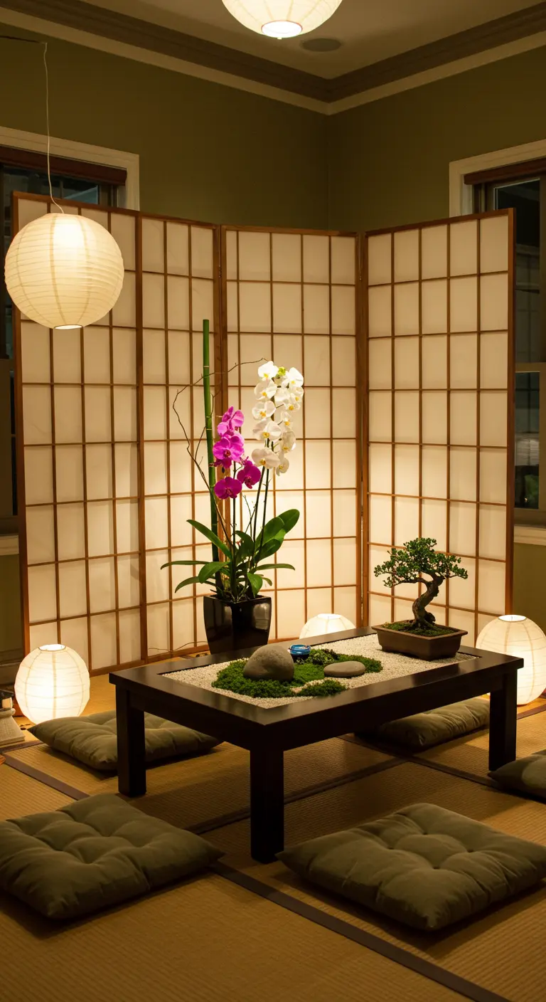 Japanse stijl verjaardagshoek met shoji scherm, lampionnen, orchideeën, bonsai en lage tafel.