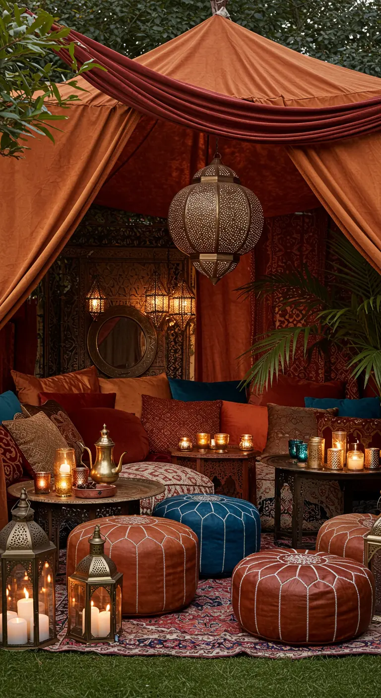 Oosterse lounge in een tent met kleurrijke stoffen, Marokkaanse lantaarns en kussens.