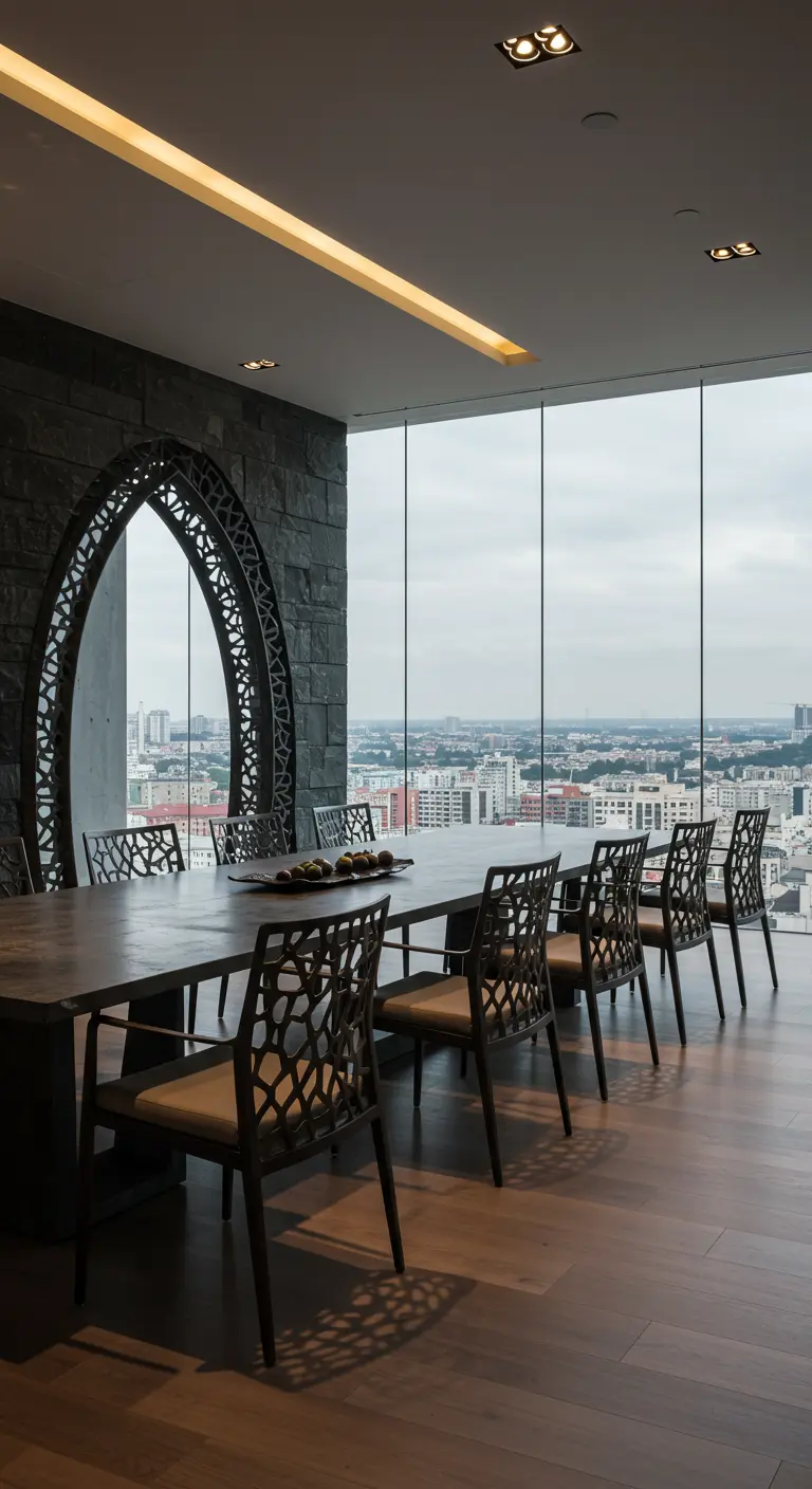 Eetkamer met houten stoelen met oosterse motieven, grote ramen en een stadsuitzicht.