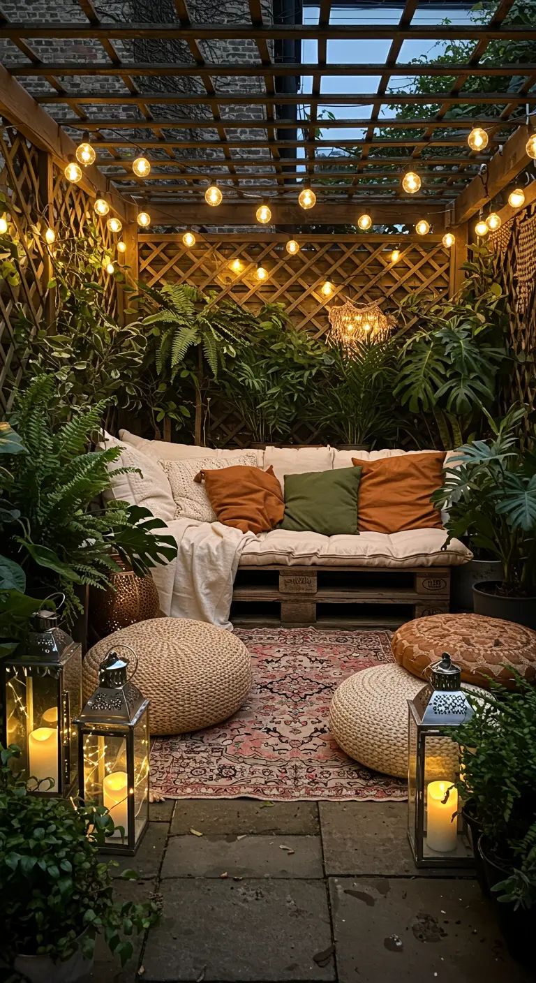 Gezellige buitenlounge onder een houten pergola met lichtslingers, kussens, en veel planten.