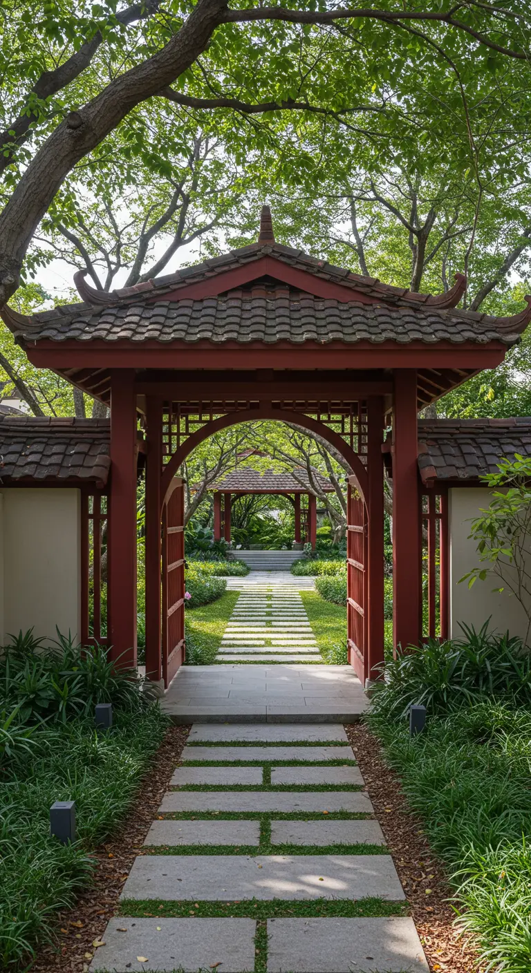 Rood geschilderde houten poort in Oosterse stijl, entree naar een tuin met tegelpad.