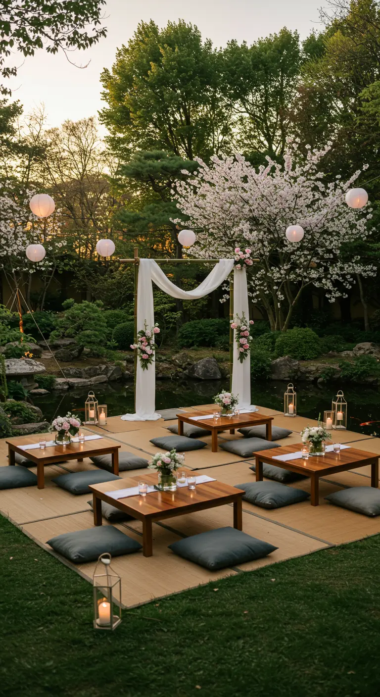 Bruiloft in Japanse tuin met lage tafels, kussens, papieren lantaarns en bloeiende kersenbomen.