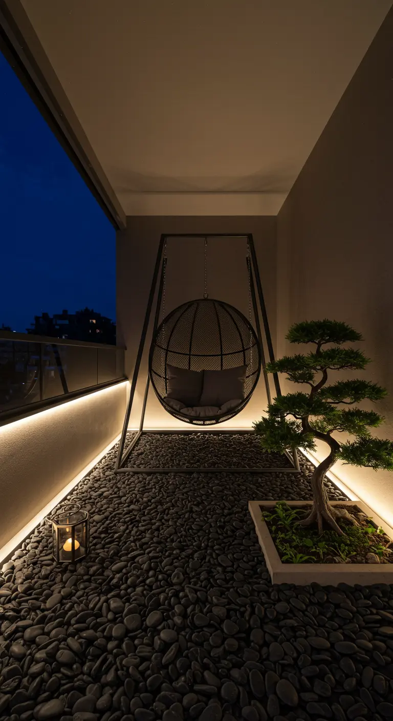Zwart metalen hangstoel op een balkon met zwarte kiezels en een bonsai-boom.