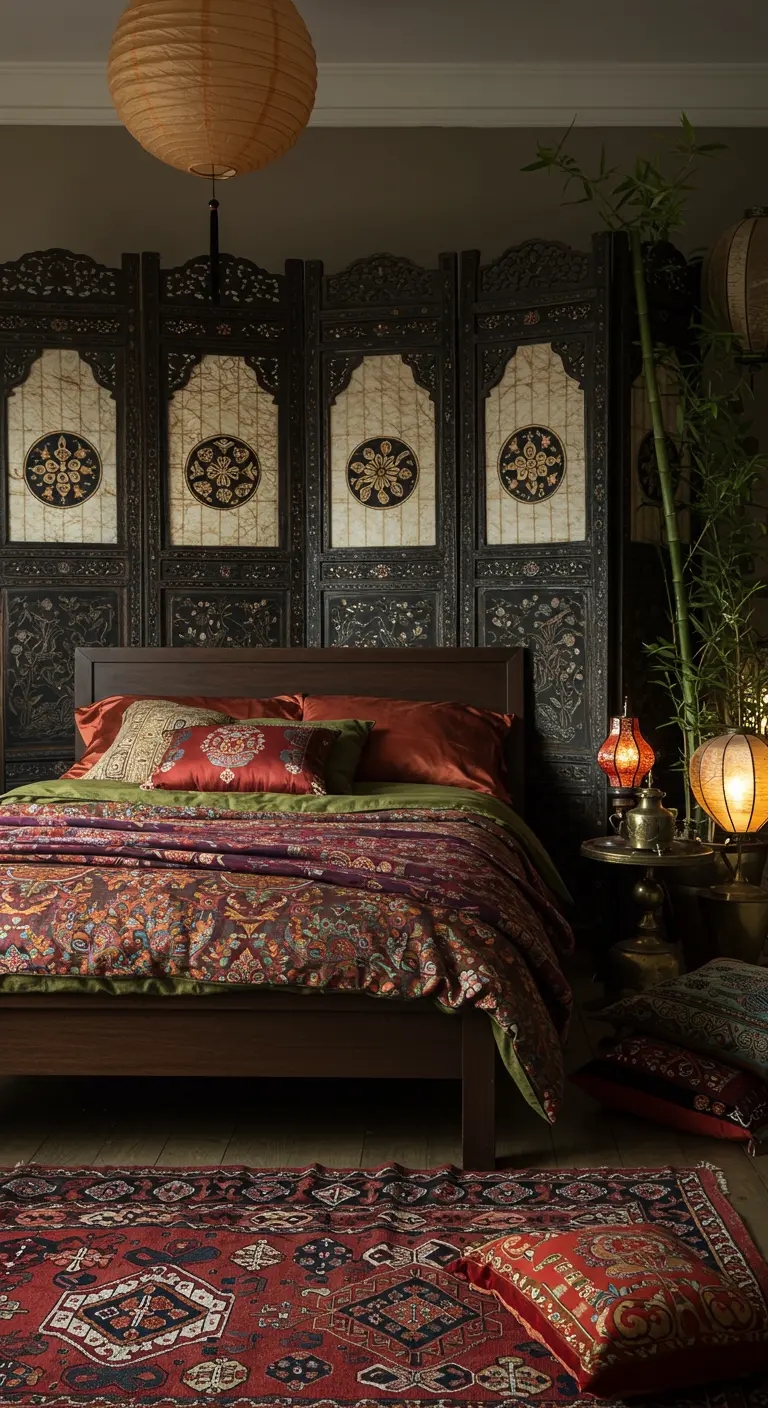 Slaapkamer in oosterse stijl met een bed voor een decoratief kamerscherm en sfeervolle lantaarns.