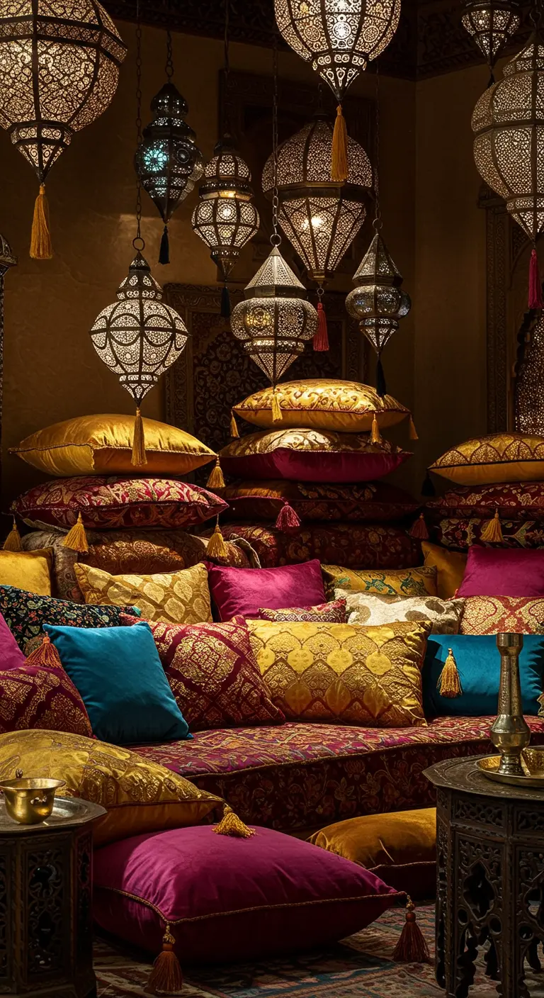 Oosterse lounge met een overvloed aan gestapelde kussens in fuchsia, goud en turkoois onder lantaarns.