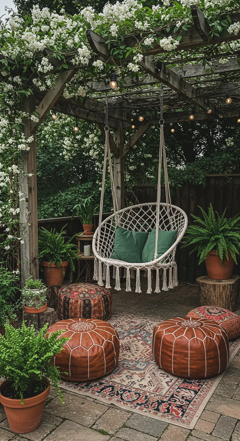 Macramé hangstoel met kleurrijke poefs onder houten pergola vol bloeiende klimplanten.