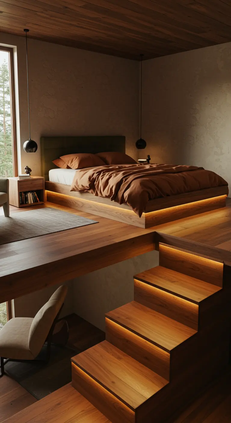 Bed op een verhoogd houten platform met trapje en sfeerverlichting eronder.