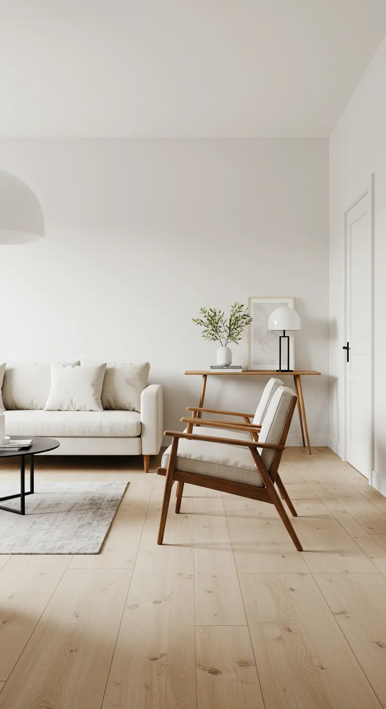Lichte woonkamer met witte bank en houten fauteuils op slanke pootjes, lichte houten vloer.