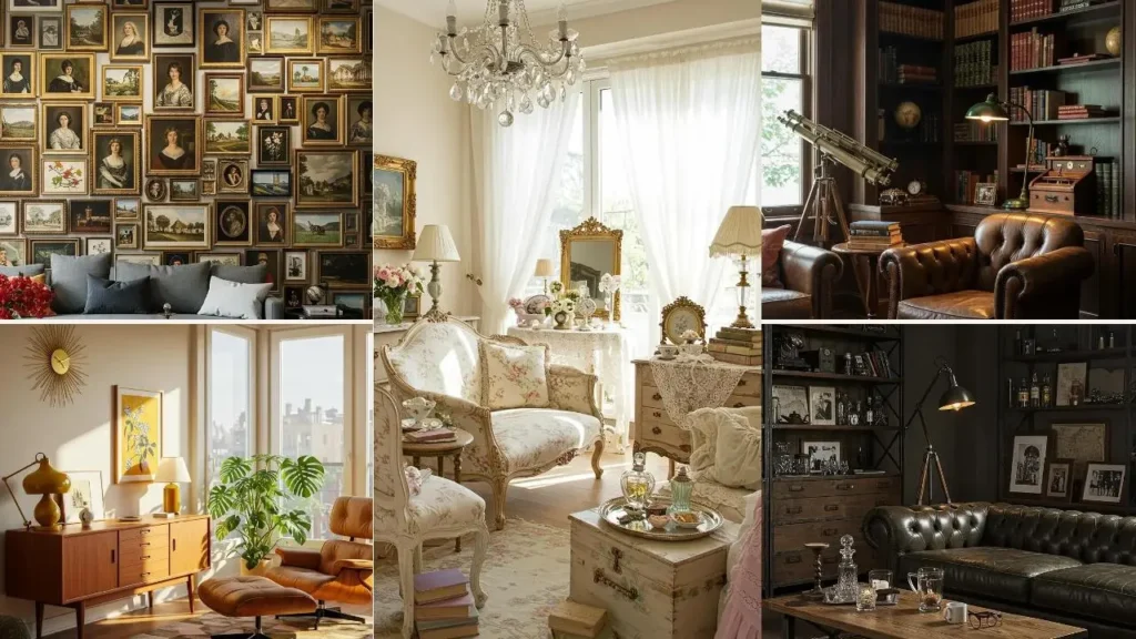 Woonkamers met vintage elementen: collage van sfeervolle interieurs met klassieke meubels en decoratie.