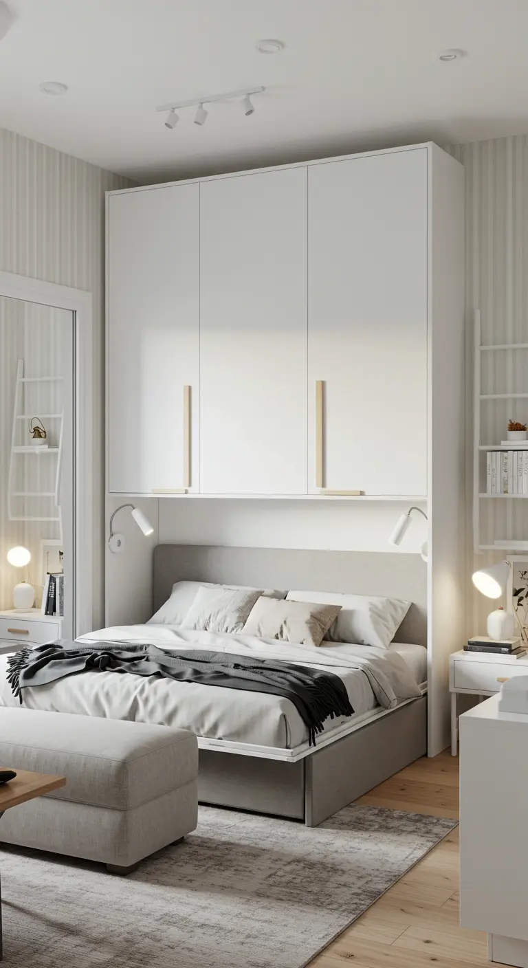Lichte slaapkamer met een slimme kastenwand boven het bed.