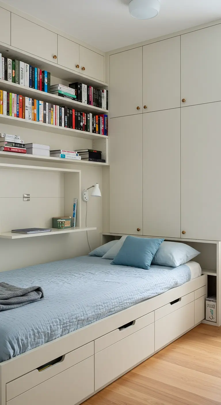 Kleine slaapkamer met witte ingebouwde kasten, boekenplanken boven het bed en bed met opberglades.
