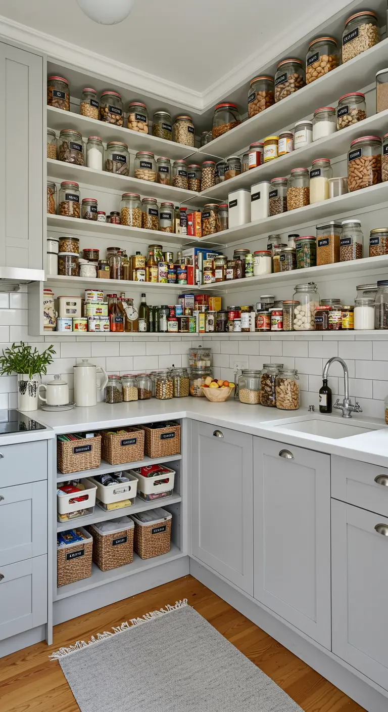 Witte keuken met open planken tot plafond vol glazen potten, en lichtgrijze onderkasten.