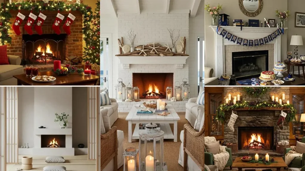 Sfeervolle open haarden als feestdecoratie: inspiratie voor gezellige schouwdecoratie.