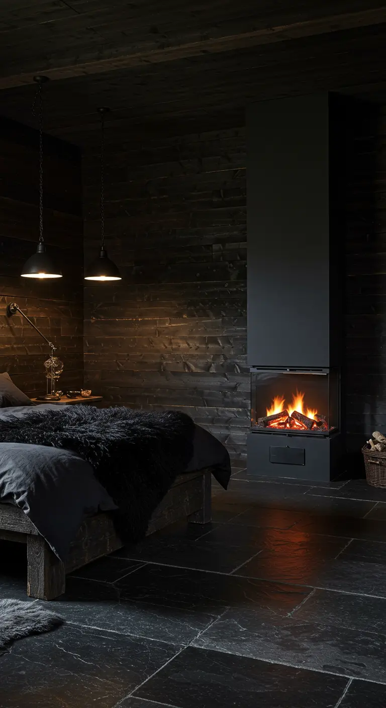 Zwarte slaapkamer met stenen muur, open haard en een zachte, zwarte sprei.