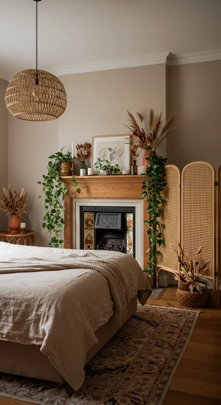 Slaapkamer met open haard, planten, pampasgras, rotan kamerscherm en rotan lamp.