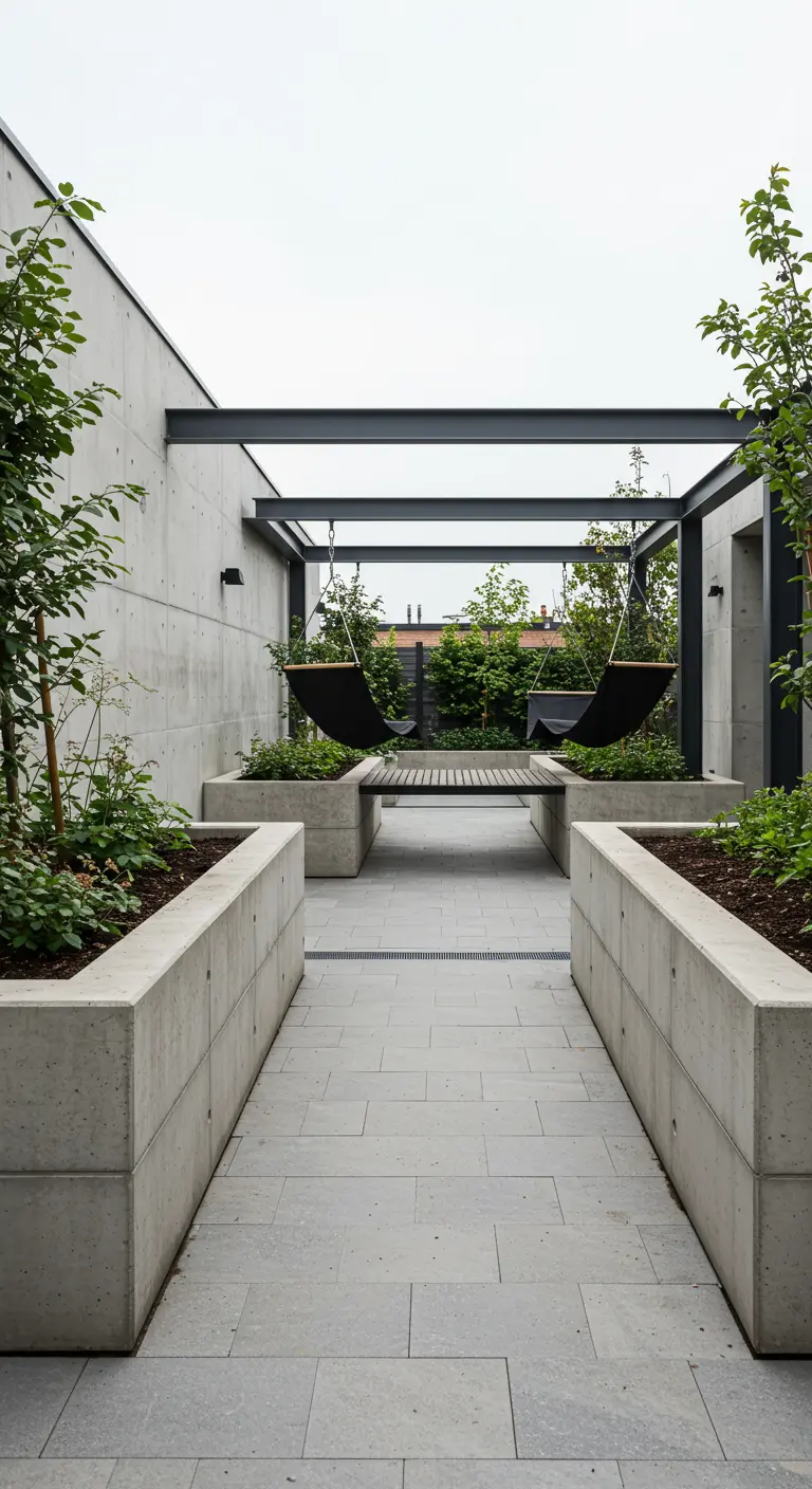 Open zwart stalen pergola met twee hangstoelen en een schommelplatform, omringd door betonnen plantenbakken